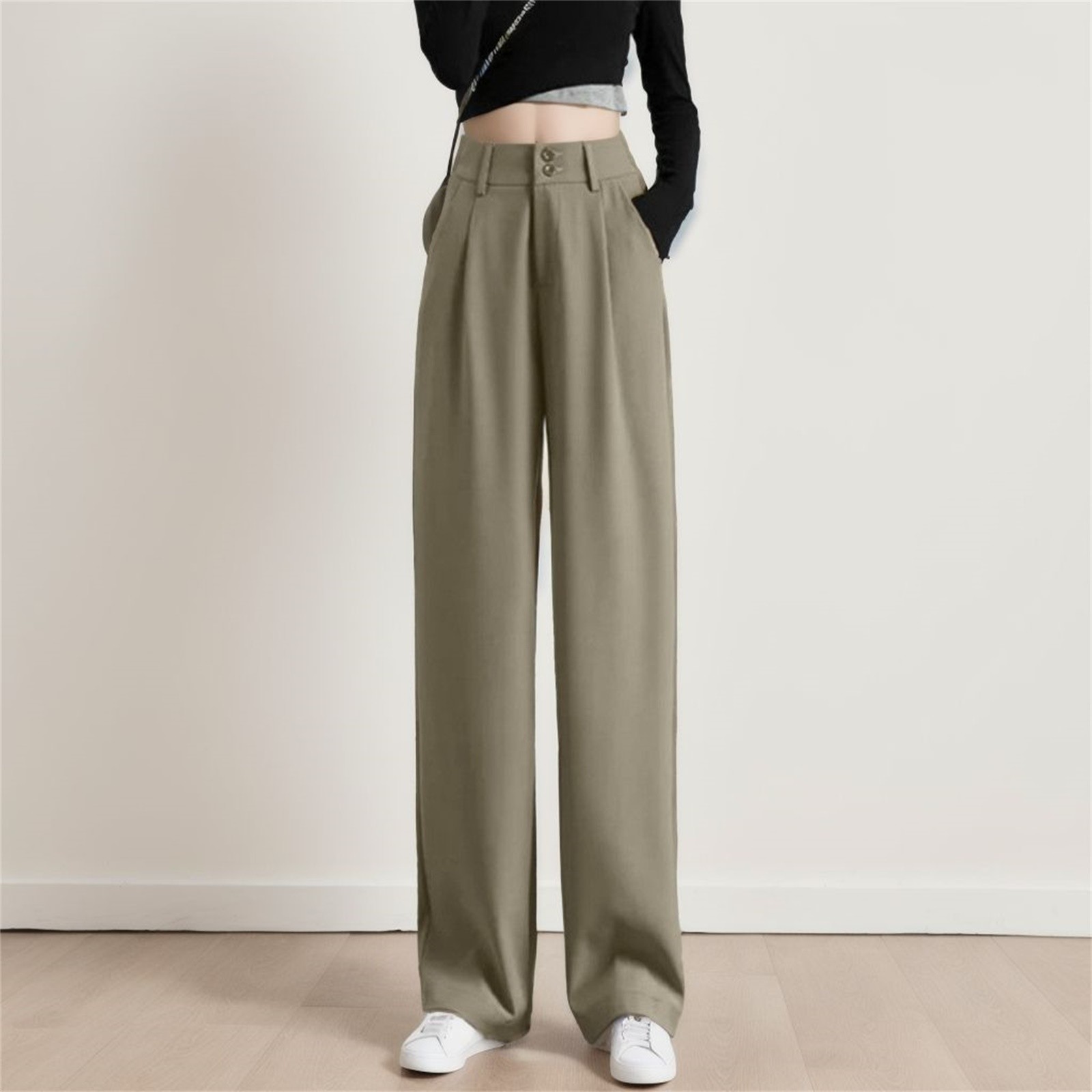 thumbnail image 4 of Pantalones de mujer de cintura alta y pierna ancha - Pantalones de trabajo elásticos por detrás para el verano, 4 of 5